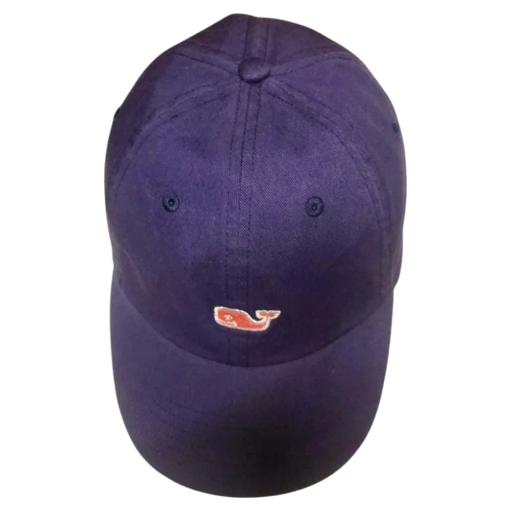 🔥VINEYARD VINES Navy Blue/Pink  Whale Logo Leather Strap Back Baseball Cap OS‎